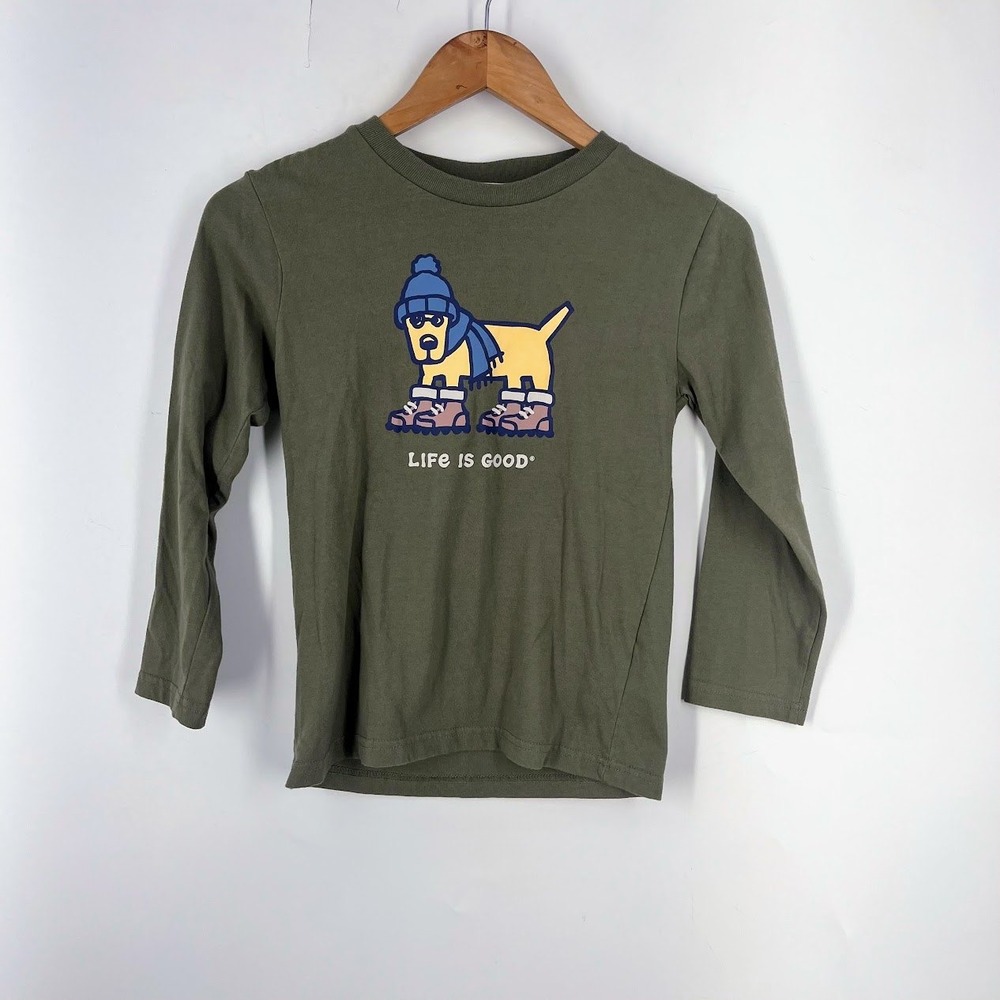 Life is Good Kids Olive Green Long Sleeve Dog Graphic Tee Shirt Size M